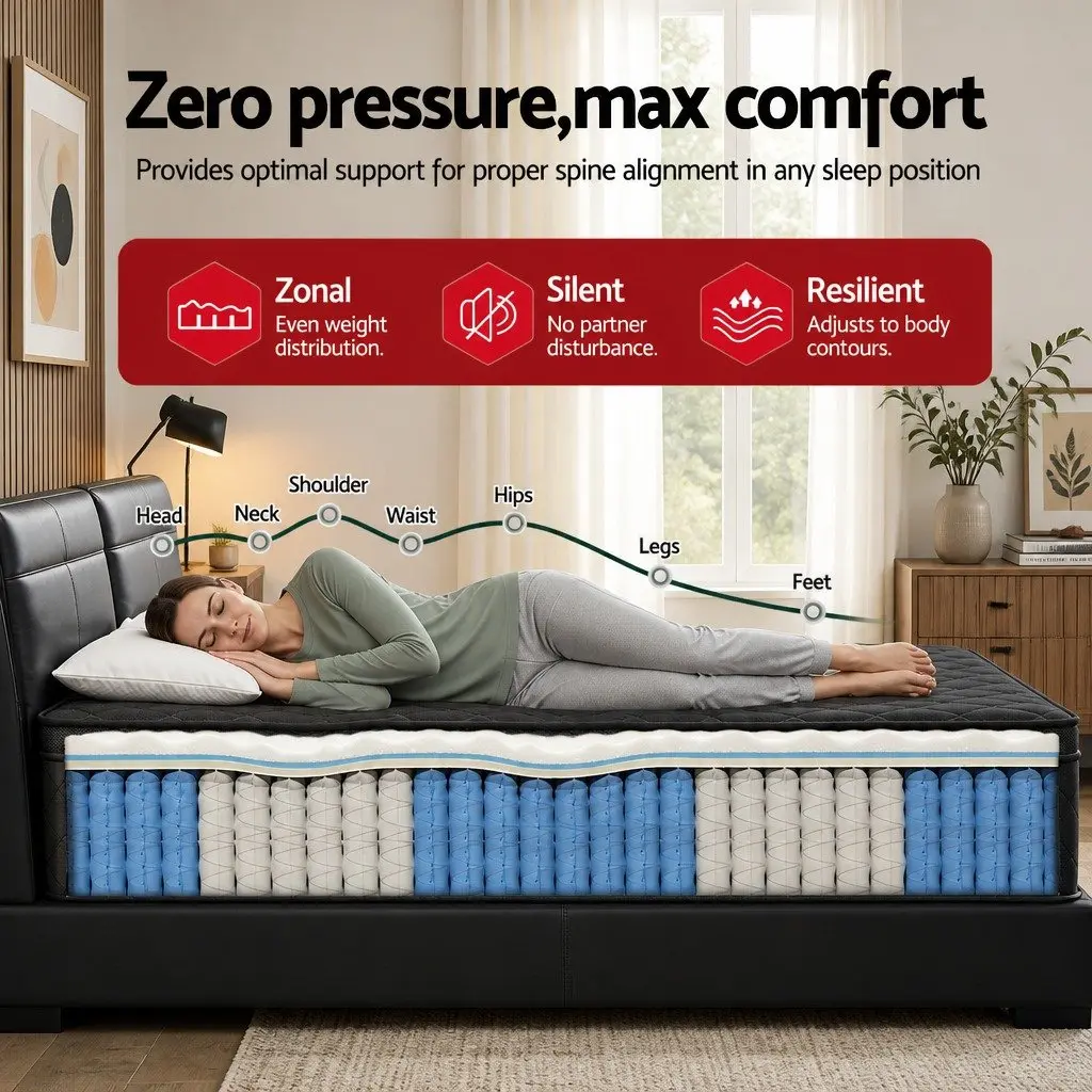 King Size Mattress 34cm Black High-Density Foam Euro Top 5-Zone Pocket Spring Medium Firm
