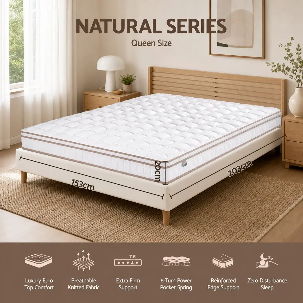 Queen Mattress 20cm Firm Pocket Spring Bed Breathable White Sleep Support