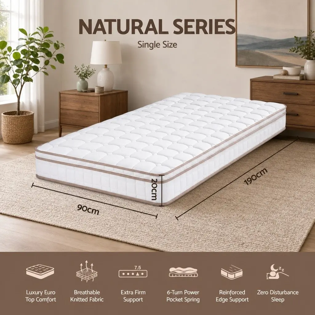 Single Mattress White Pocket Spring Euro Top 20cm Firm Bedroom