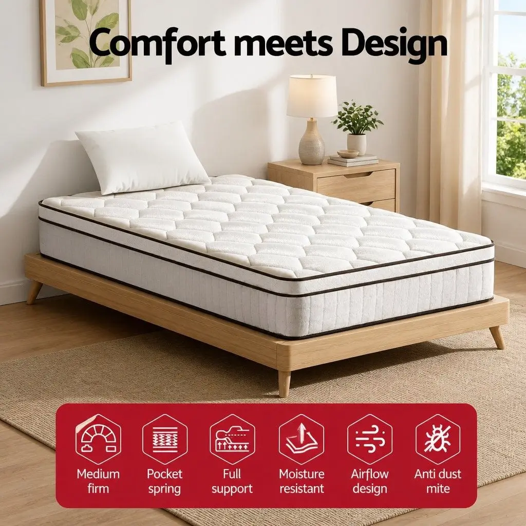 King Single Mattress 22cm Euro Top Medium Firm Pocket Spring Velvet White