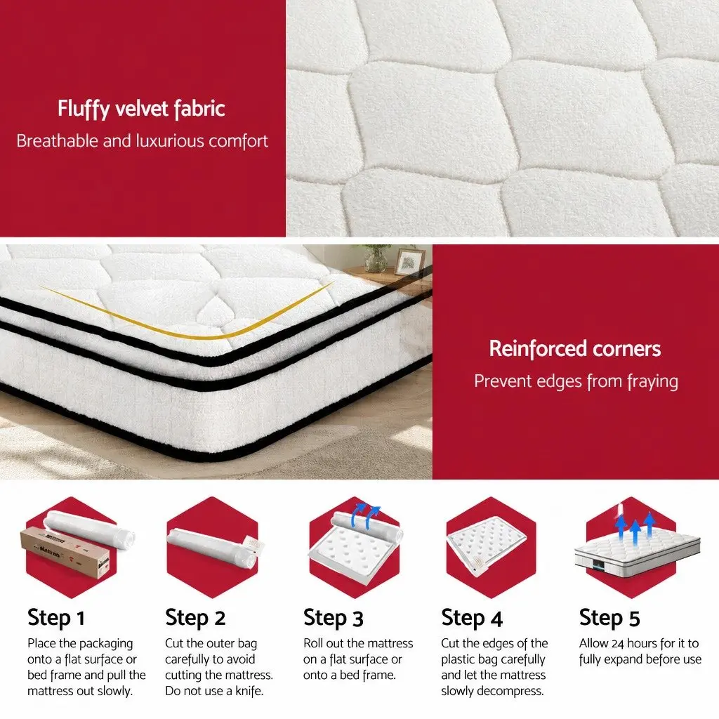 King Single Mattress 22cm Euro Top Medium Firm Pocket Spring Velvet White