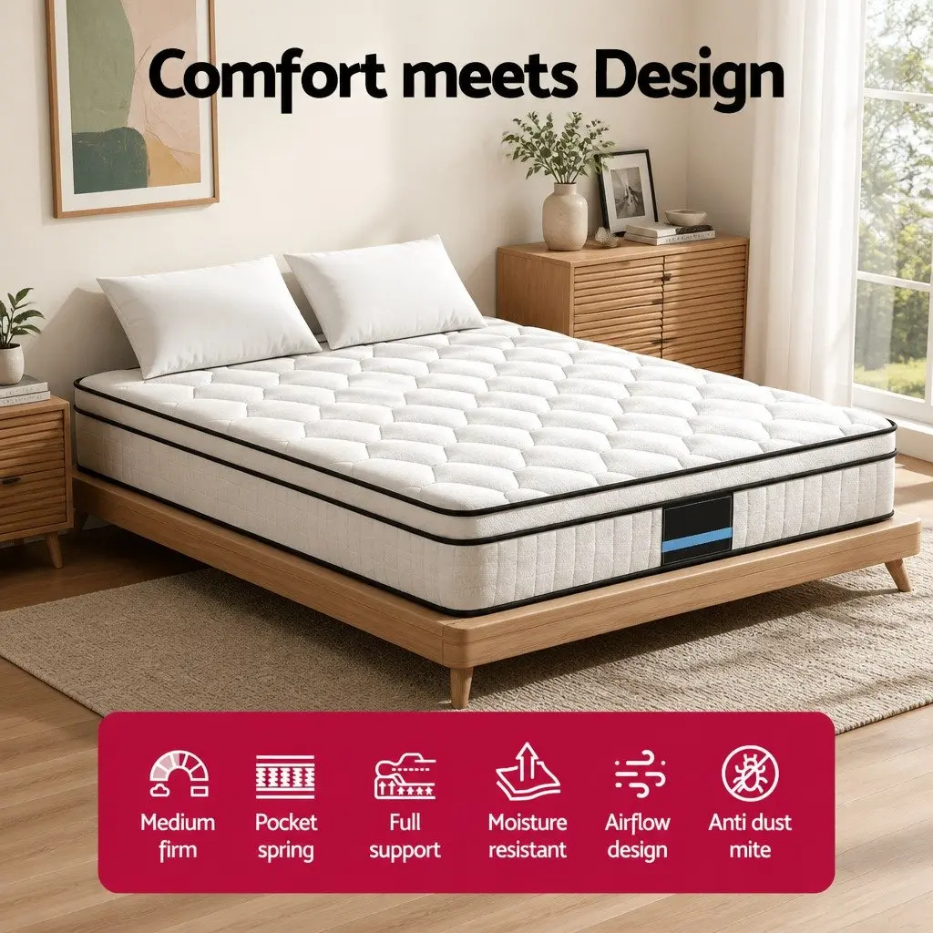 Queen Size Mattress 22cm Medium Firm Euro Top Pocket Spring Sleep Bed White