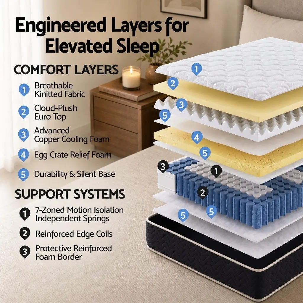 King Single Mattress Copper Memory Foam 35cm Firm 7-Zone Pocket Spring Black or White