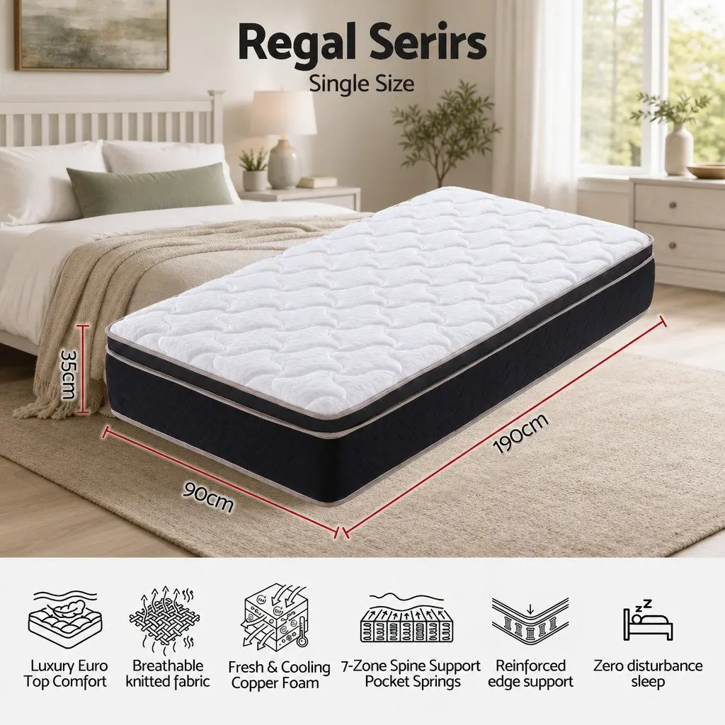 Single Mattress 35cm Firm Pocket Spring Copper Memory Foam Euro Top Black or White