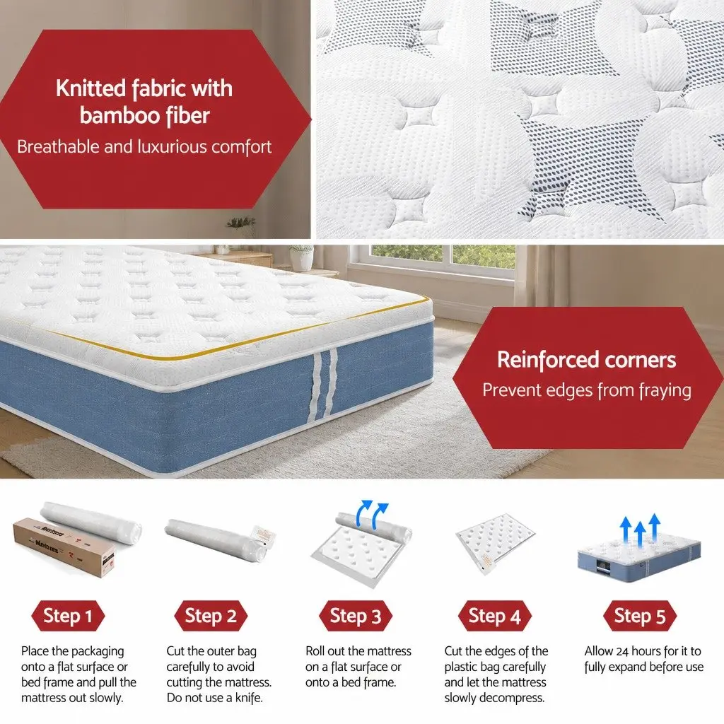 King Single Mattress Pocket Spring 25cm Euro Top Medium Firm Support Bamboo Fibre