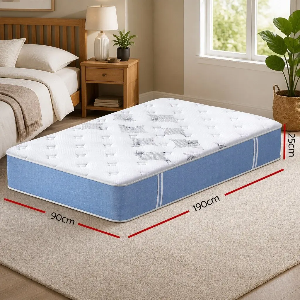 25cm Single Mattress Pocket Spring Euro Top Medium Firm Breathable Bamboo Fibre