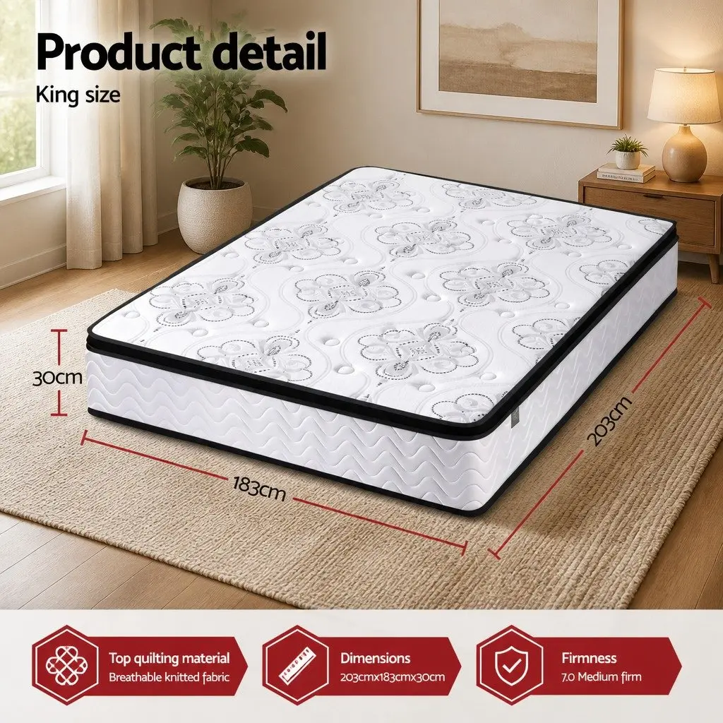 King Size Mattress 30cm Pocket Spring Euro Top Medium Firm Foam Bed Vacuum