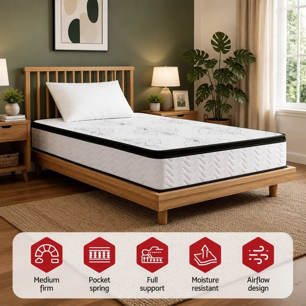 Single Mattress 30cm Pocket Spring Euro Top Medium Firm Foam Breathable Knitted