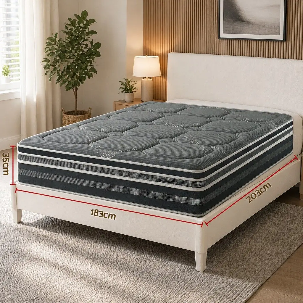King Size Mattress 35cm Grey Hybrid with Pocket Spring and Dual Euro Top Soft Quilting 7 Zone Support Foam Encased