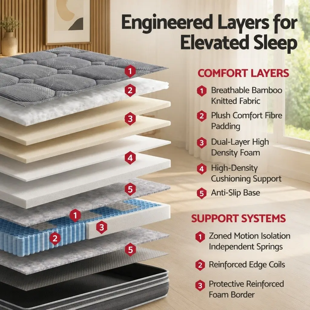 King Size Mattress 35cm Grey Hybrid with Pocket Spring and Dual Euro Top Soft Quilting 7 Zone Support Foam Encased