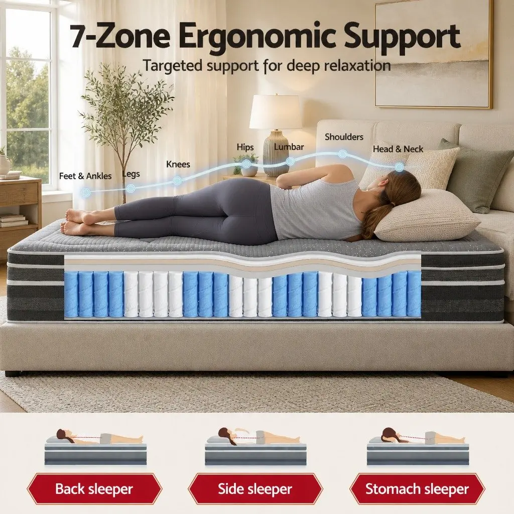 King Size Mattress 35cm Grey Hybrid with Pocket Spring and Dual Euro Top Soft Quilting 7 Zone Support Foam Encased