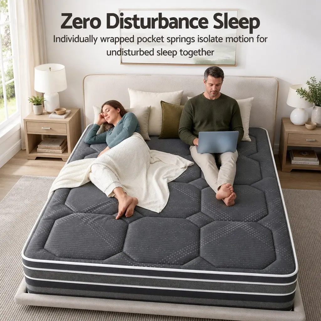 King Size Mattress 35cm Grey Hybrid with Pocket Spring and Dual Euro Top Soft Quilting 7 Zone Support Foam Encased