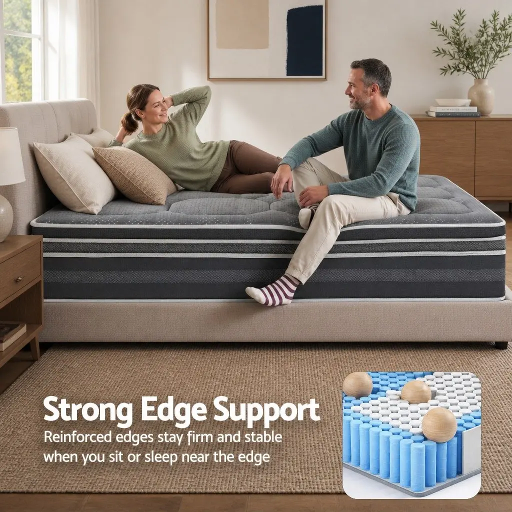King Size Mattress 35cm Grey Hybrid with Pocket Spring and Dual Euro Top Soft Quilting 7 Zone Support Foam Encased