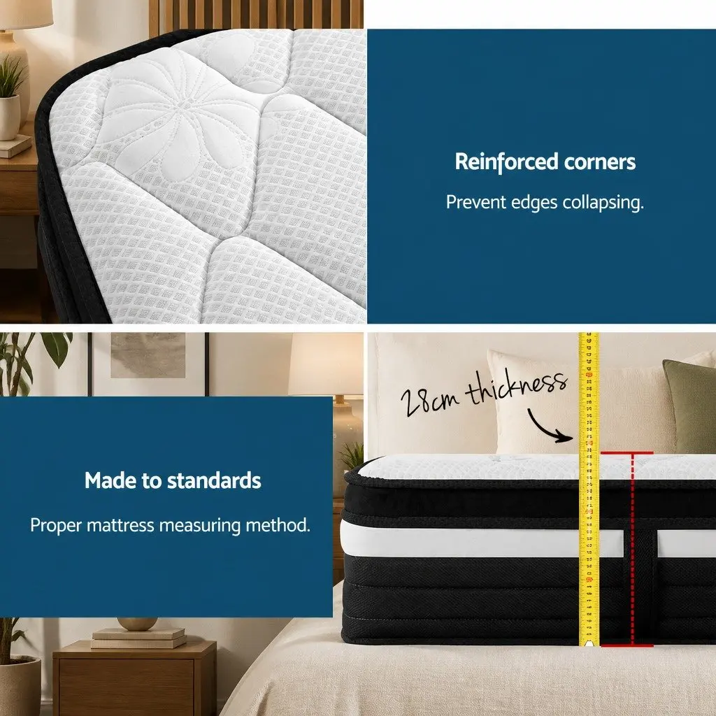 Double Mattress 28cm Ultra Firm Pocket Spring Black Grey White