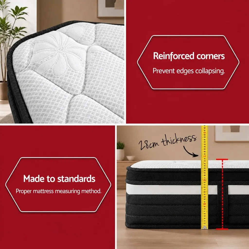 King Size Mattress Ultra Firm 28cm Pocket Spring Hypo-allergenic Black Grey White