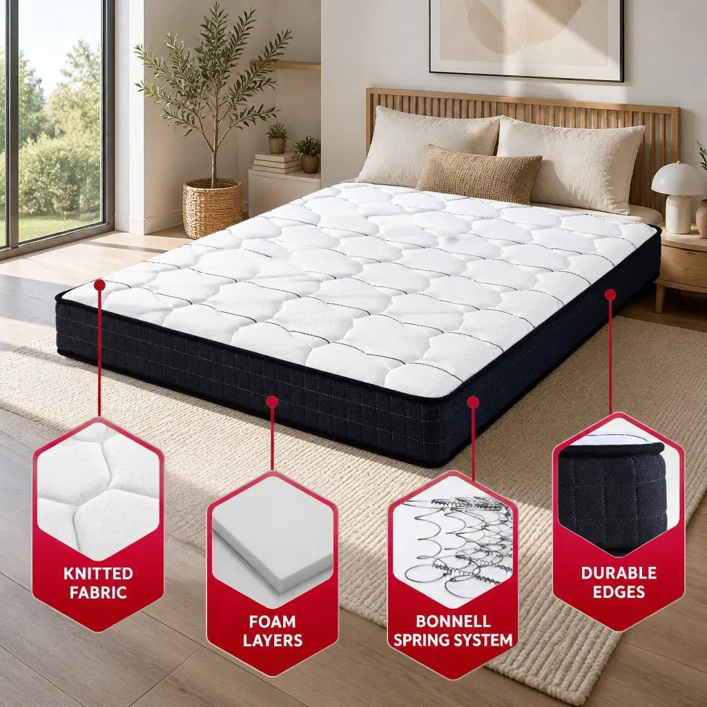Queen Mattress Bonnell Spring Medium Firm 16cm White Soft Quilting Layer Support