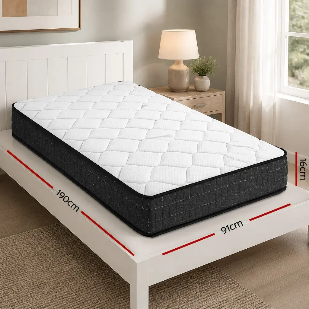 Single Bonnell Spring Mattress Medium Firm 16cm White Support Comfort Sleep