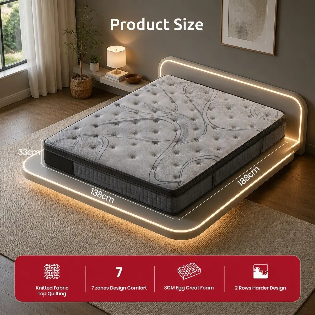 Double Mattress 33cm 7-Zone Pocket Spring Extra Firm Grey Black