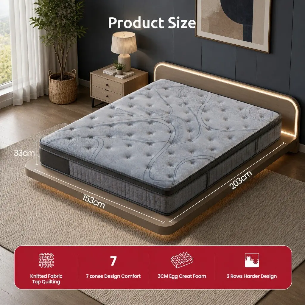 Queen Mattress 33cm 7-Zone Pocket Spring Extra Firm Support Dual-Row Edge