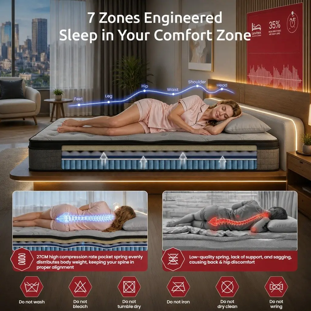 Queen Mattress 33cm 7-Zone Pocket Spring Extra Firm Support Dual-Row Edge