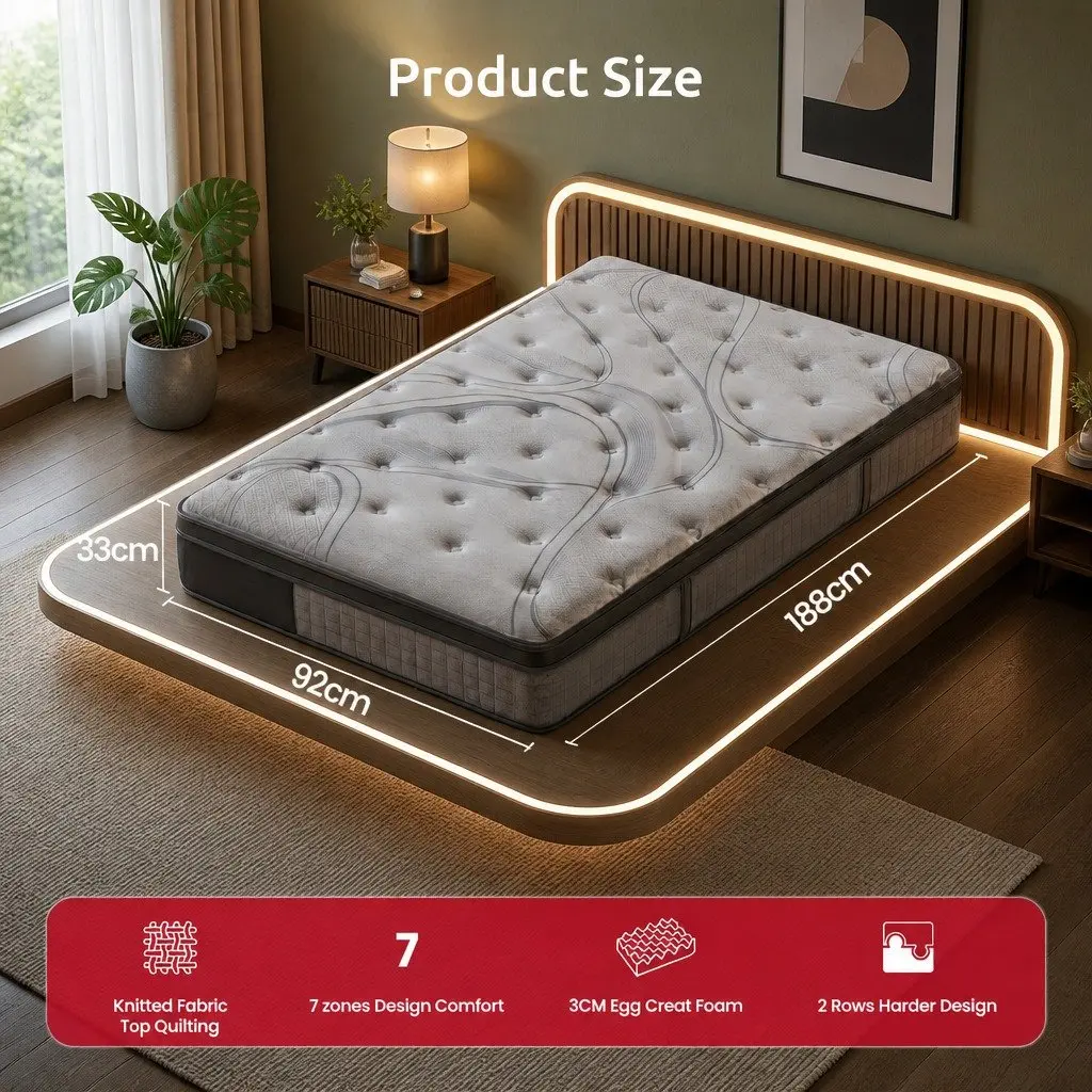 Single Mattress 33cm 7-Zone Pocket Spring Extra Firm Grey