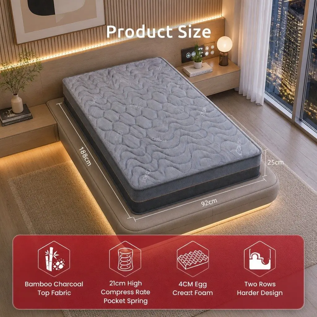 Single Mattress 25cm Egg Crate Foam Bamboo Charcoal Fabric Hybrid Pocket Spring