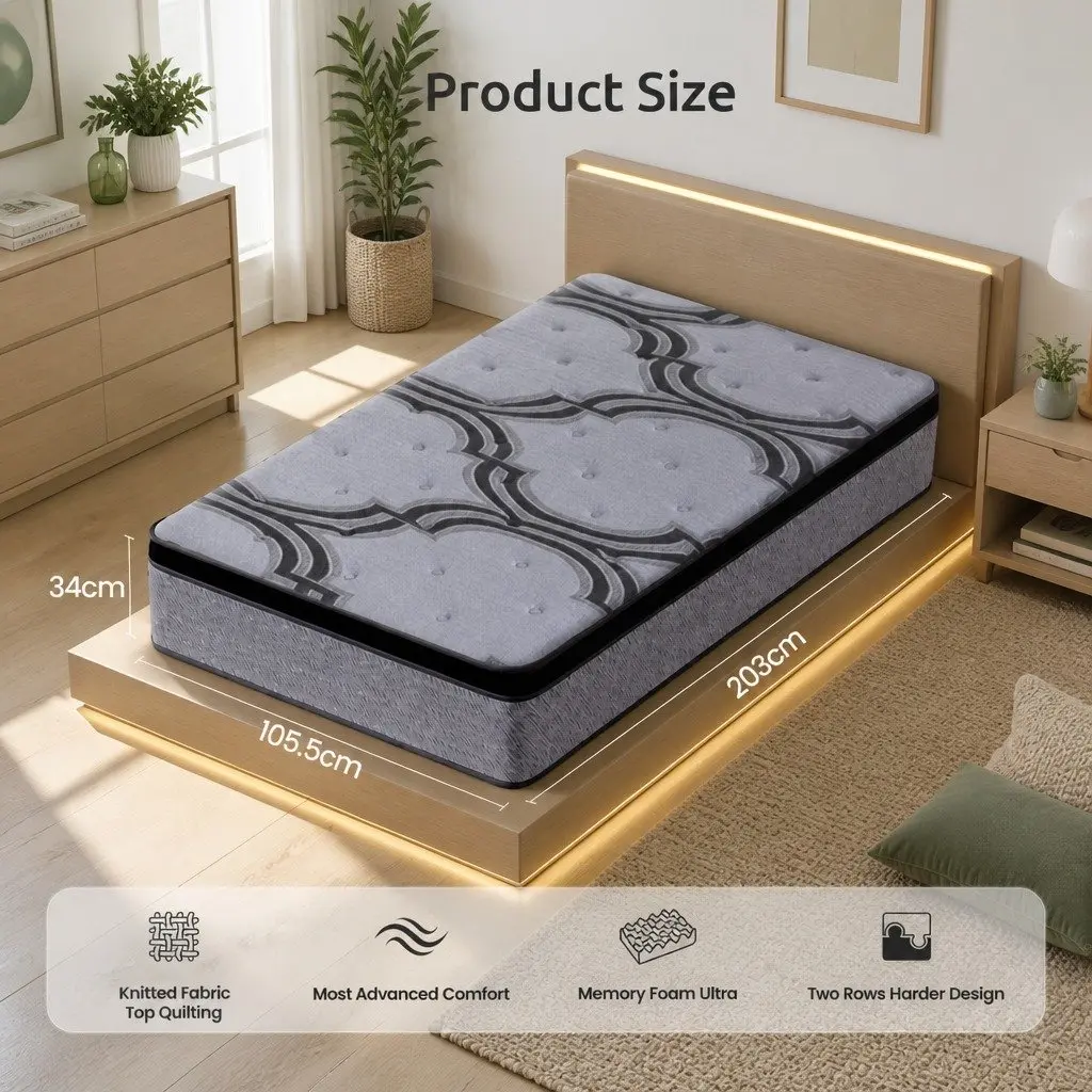 King Single Mattress 34cm 5-Zone Pocket Spring Latex Memory Foam Extra Firm Grey Black
