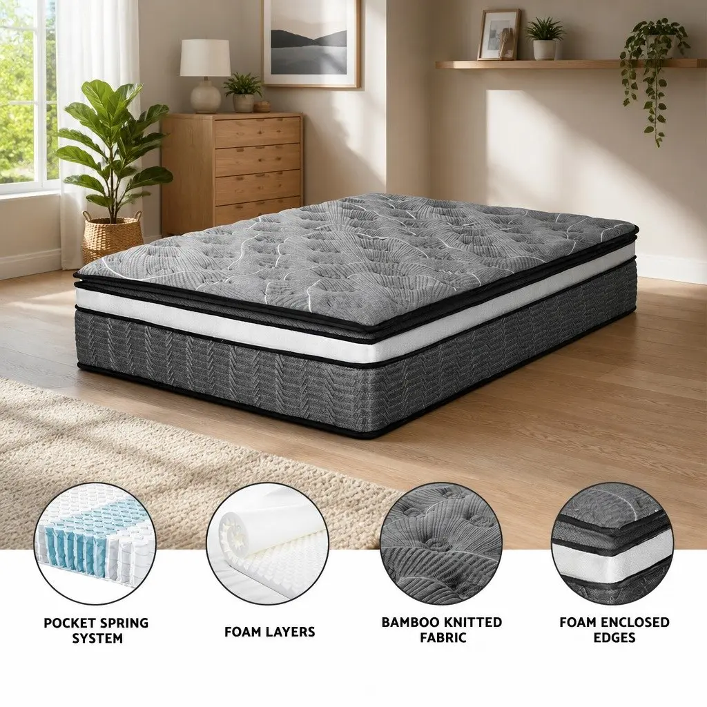 Double Mattress Hypoallergenic 34cm Medium Firm Pocket Spring Black Quilted Comfort
