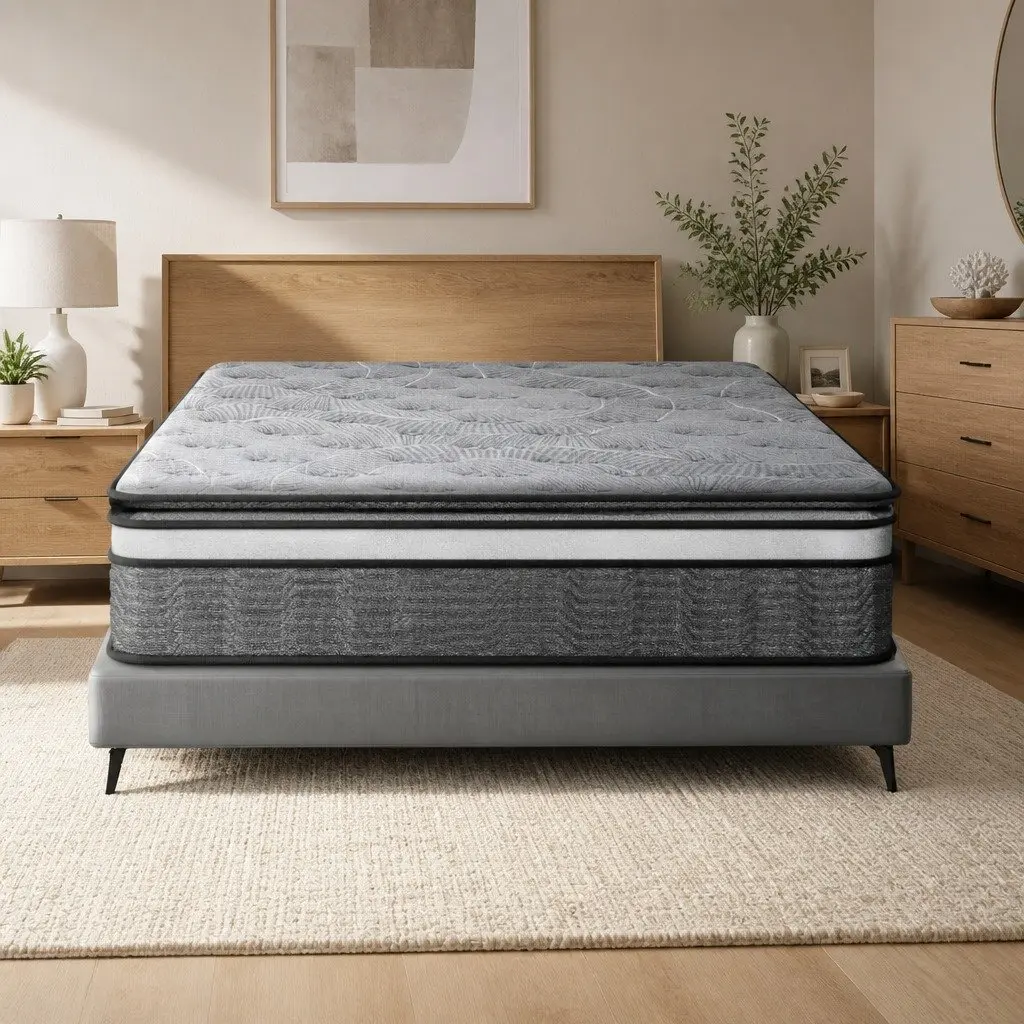 Queen Mattress Double Layer 34cm Pocket Spring Medium Firm Black Bamboo Knitted Cover