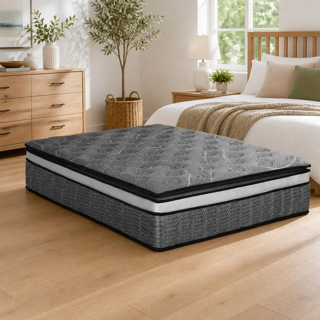 Queen Mattress Double Layer 34cm Pocket Spring Medium Firm Black Bamboo Knitted Cover