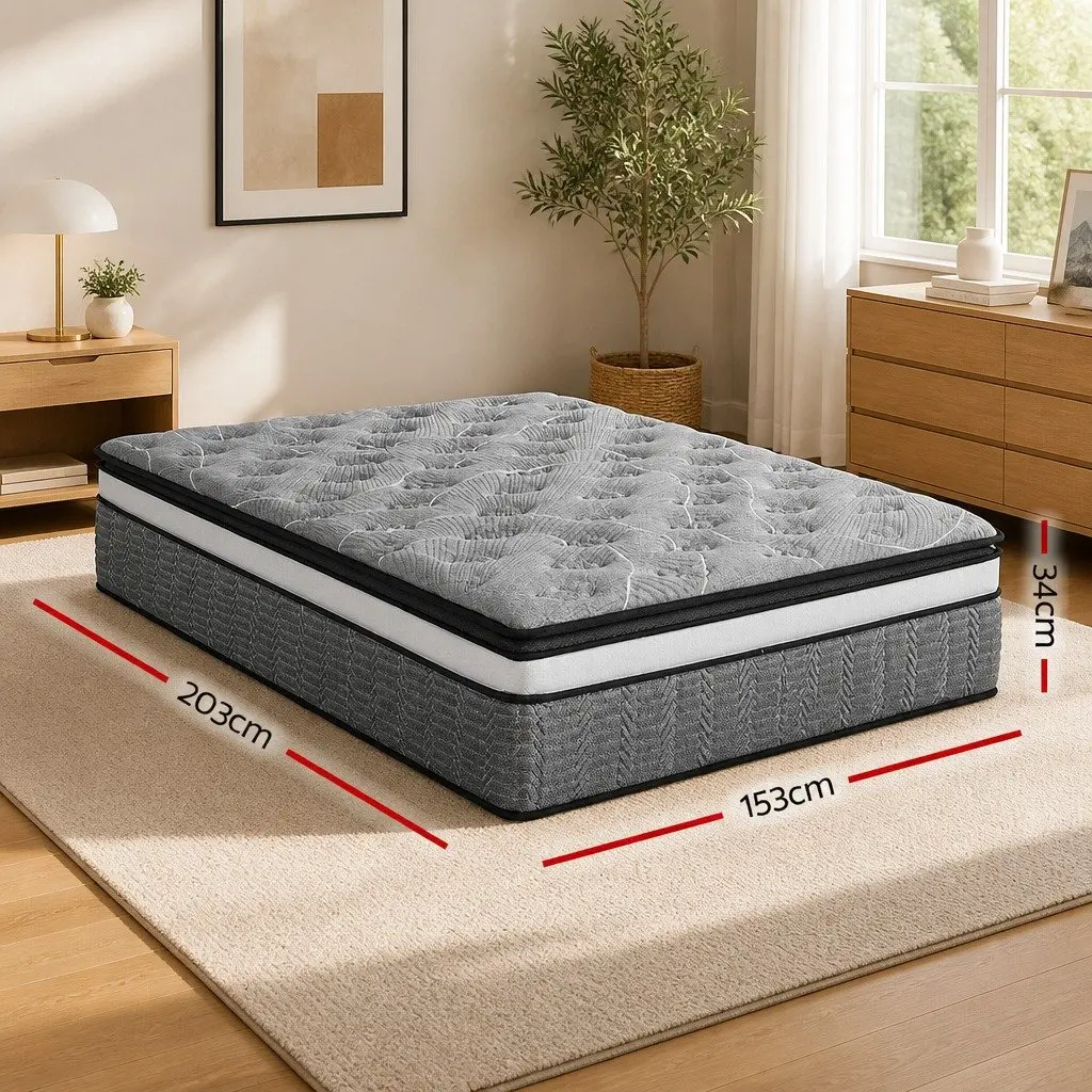 Queen Mattress Double Layer 34cm Pocket Spring Medium Firm Black Bamboo Knitted Cover