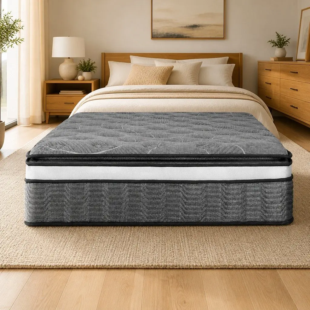 Queen Mattress Double Layer 34cm Pocket Spring Medium Firm Black Bamboo Knitted Cover