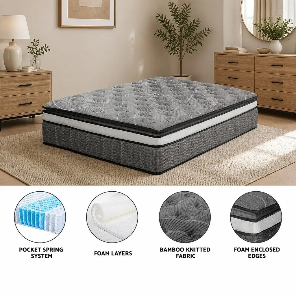 Queen Mattress Double Layer 34cm Pocket Spring Medium Firm Black Bamboo Knitted Cover