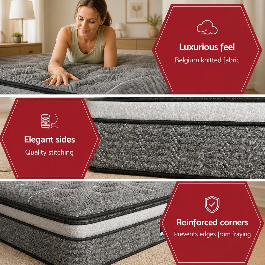 Queen Mattress Double Layer 34cm Pocket Spring Medium Firm Black Bamboo Knitted Cover
