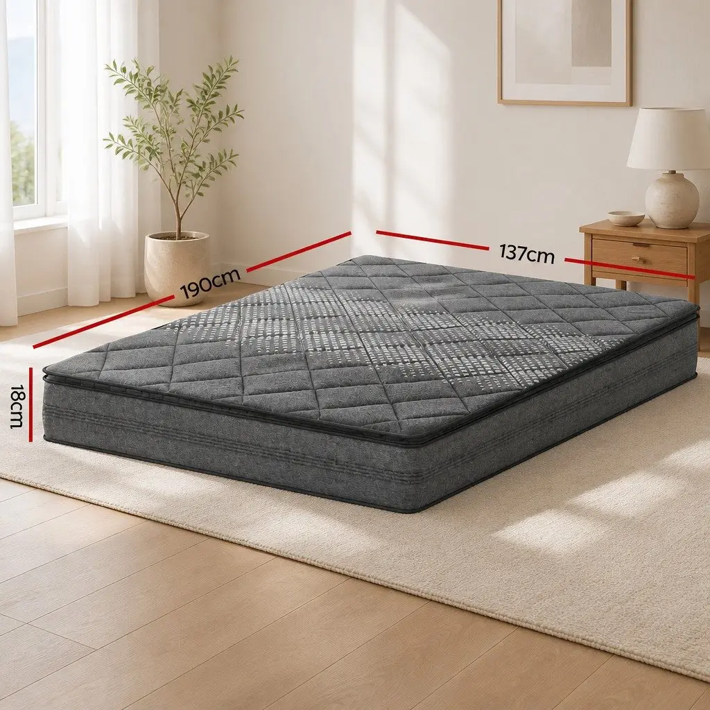 Double Mattress 18cm Pillow Top Medium Firm Support Grey Quilted Fabric Coil