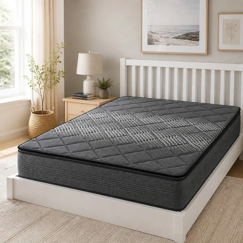 Double Mattress 18cm Pillow Top Medium Firm Support Grey Quilted Fabric Coil