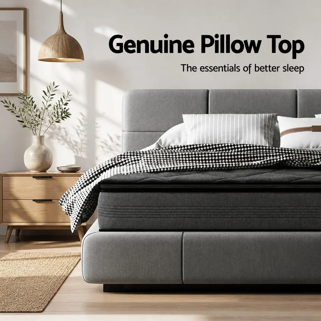 Double Mattress 18cm Pillow Top Medium Firm Support Grey Quilted Fabric Coil