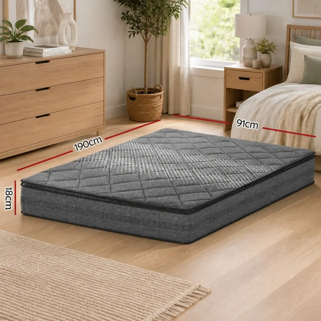 Single Mattress 18cm Pillow Top Medium Firm Grey Quilted Coil Support