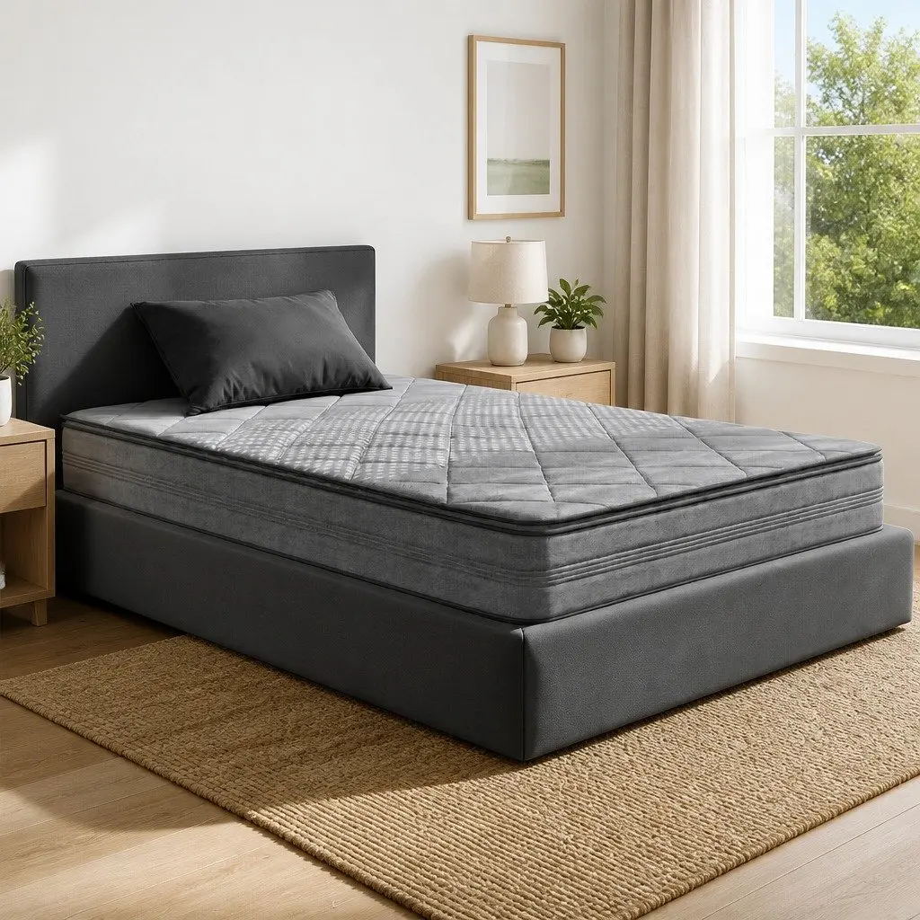 Medium Firm King Single Mattress Pillow Top Grey 18cm Coil System Support