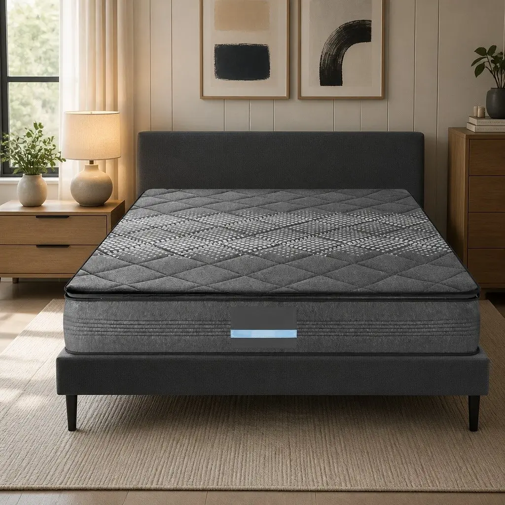 Medium Firm King Single Mattress Pillow Top Grey 18cm Coil System Support
