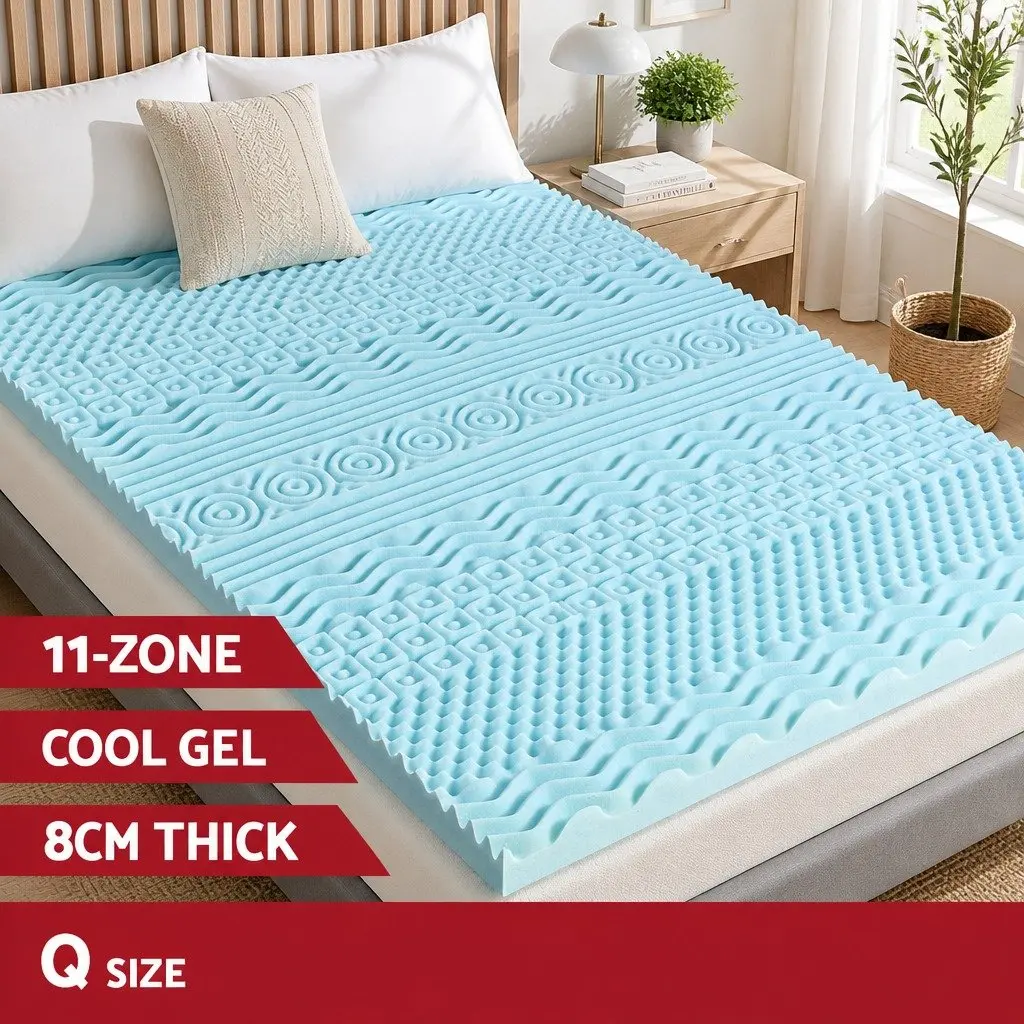 Memory Foam Mattress Topper 11-Zone 8cm Queen Blue Contoured Support