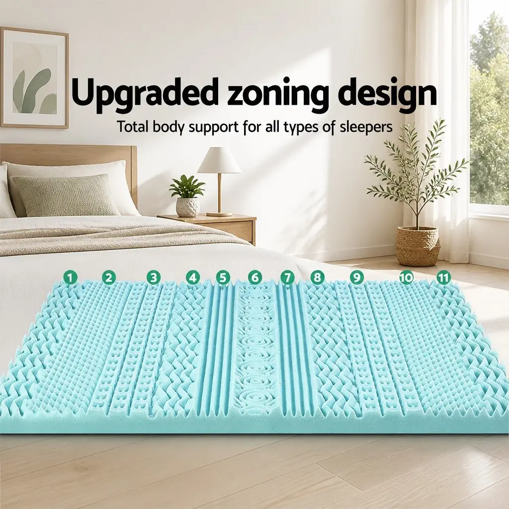 Memory Foam Mattress Topper 11-Zone 8cm Queen Blue Contoured Support