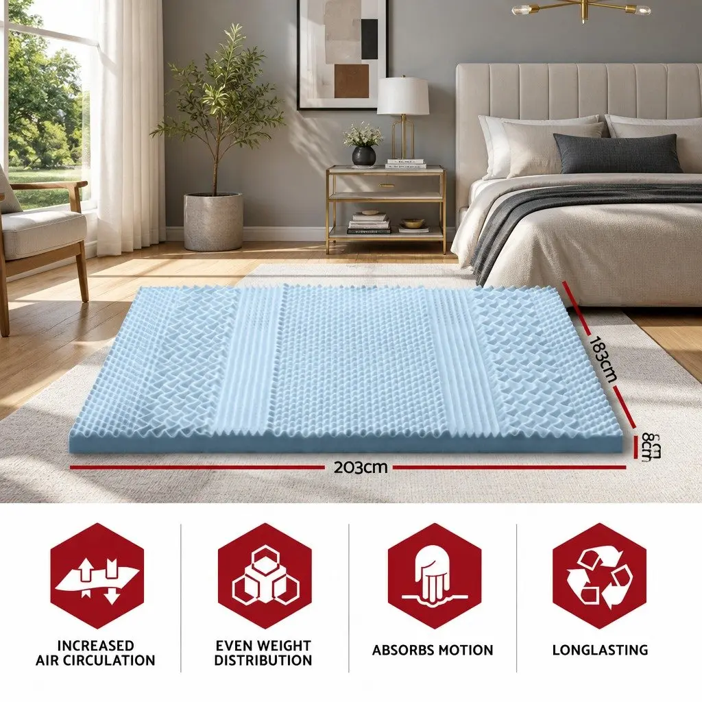 Memory Foam Mattress Topper 8cm Thick King Size Contoured Support 7-Zone Comfort White or Blue