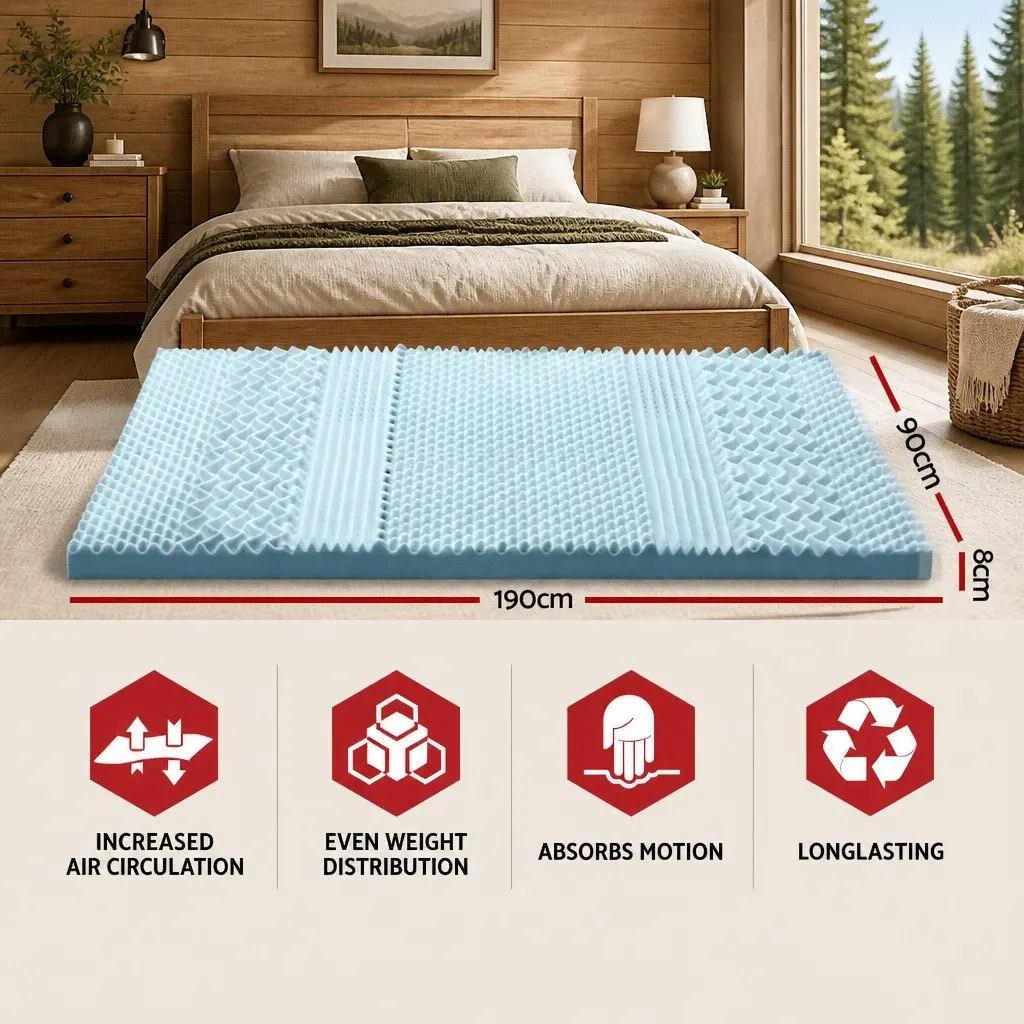 Memory Foam Mattress Topper 8cm Thick Single 7-Zone Contoured Support White or Blue