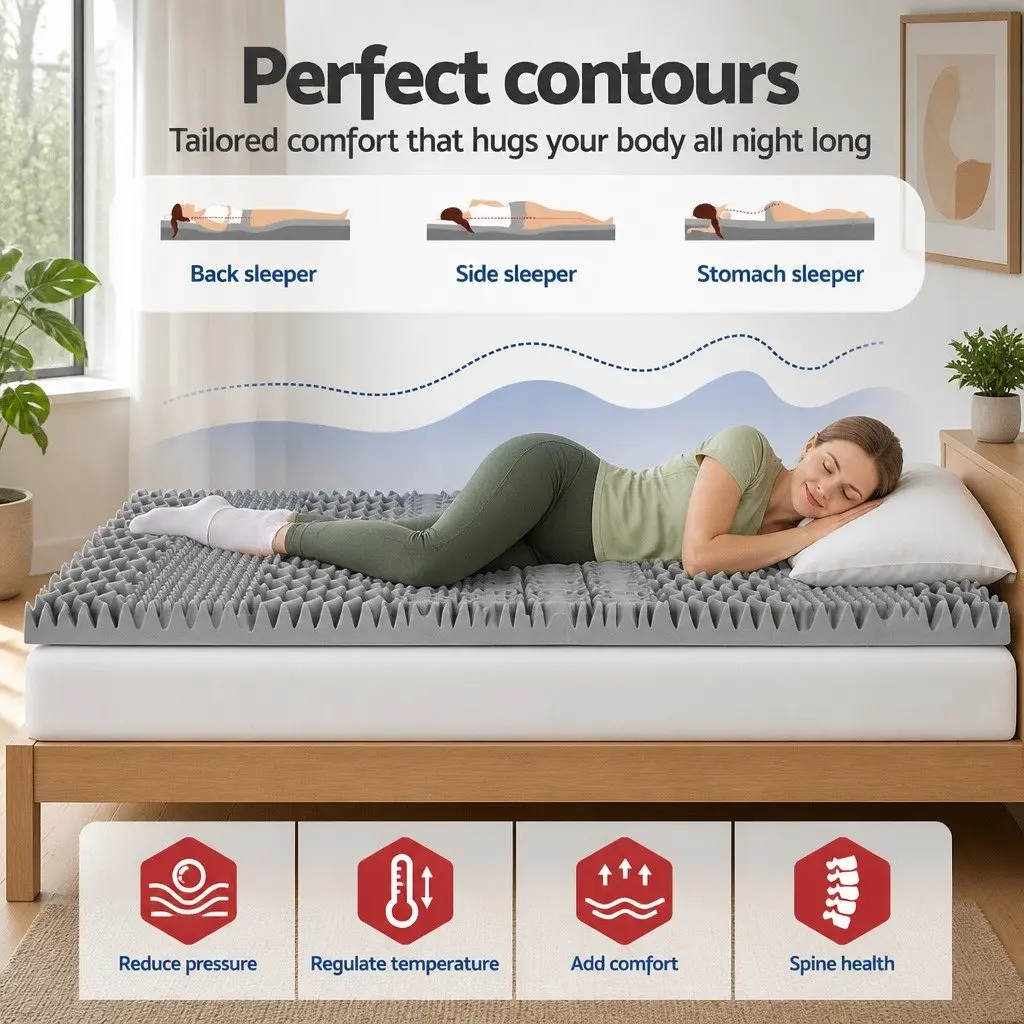 Memory Foam Topper 8cm Double Bed Contoured 7 Zone Graphite Grey