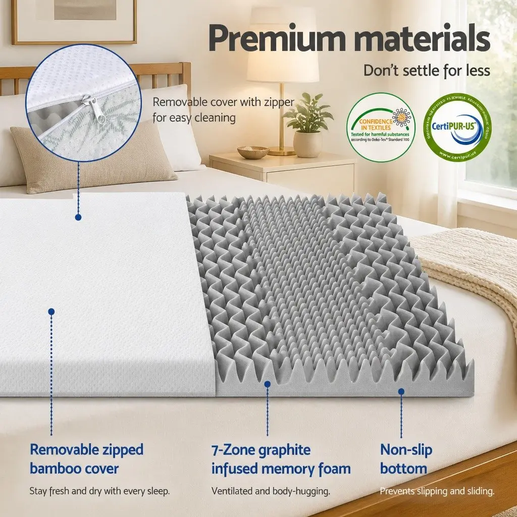 Memory Foam Topper 8cm Double Bed Contoured 7 Zone Graphite Grey