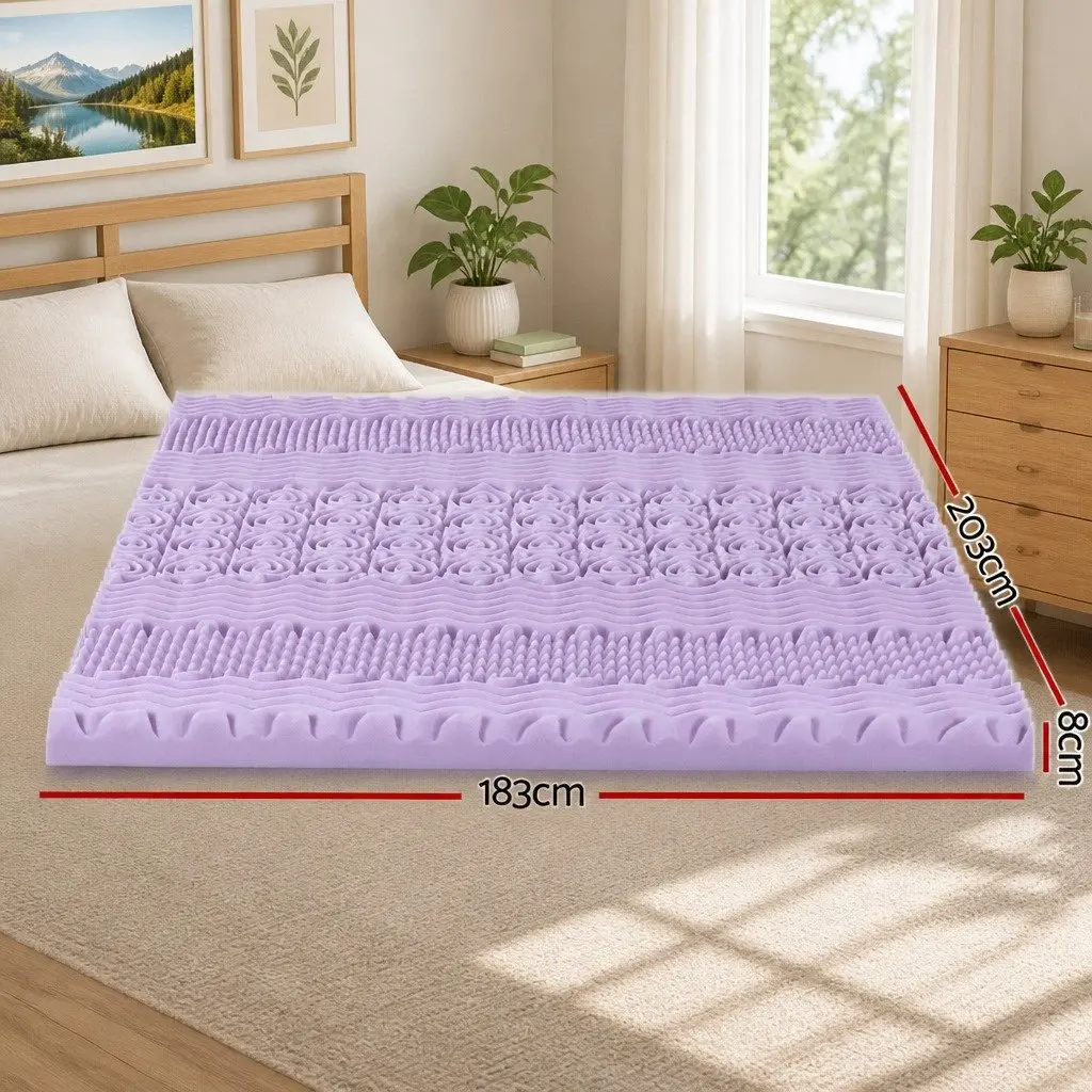 King Mattress Topper 8cm Lavender Bamboo Cover 7 Zone Support Memory Foam