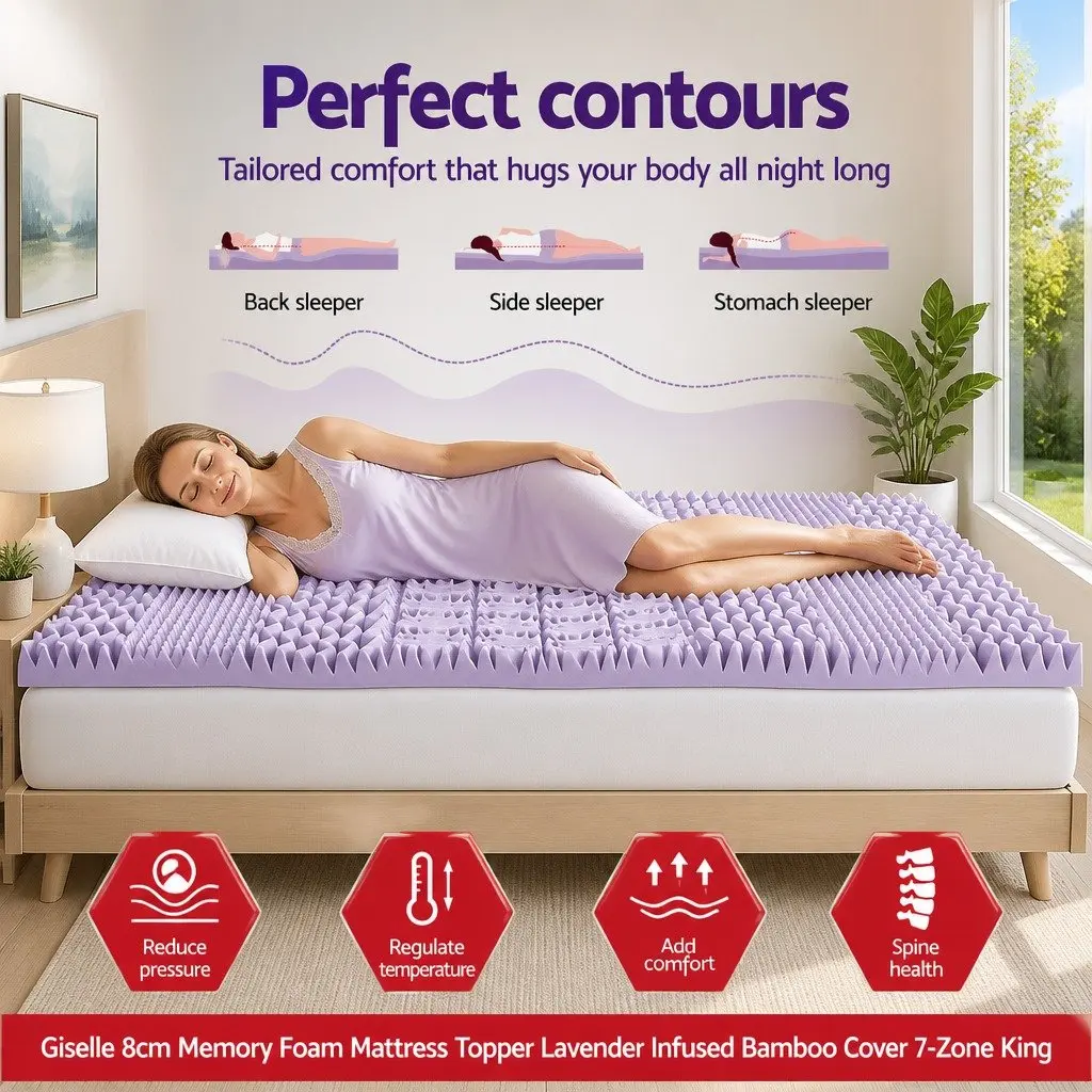 King Mattress Topper 8cm Lavender Bamboo Cover 7 Zone Support Memory Foam