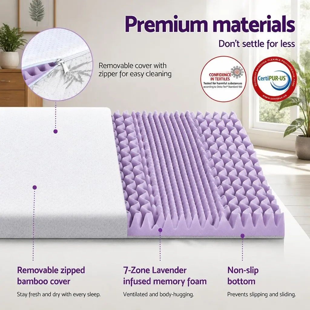 Memory Foam Topper 8cm Thick Queen Size Bamboo Cover Lavender Infused 7-Zone Contoured Support