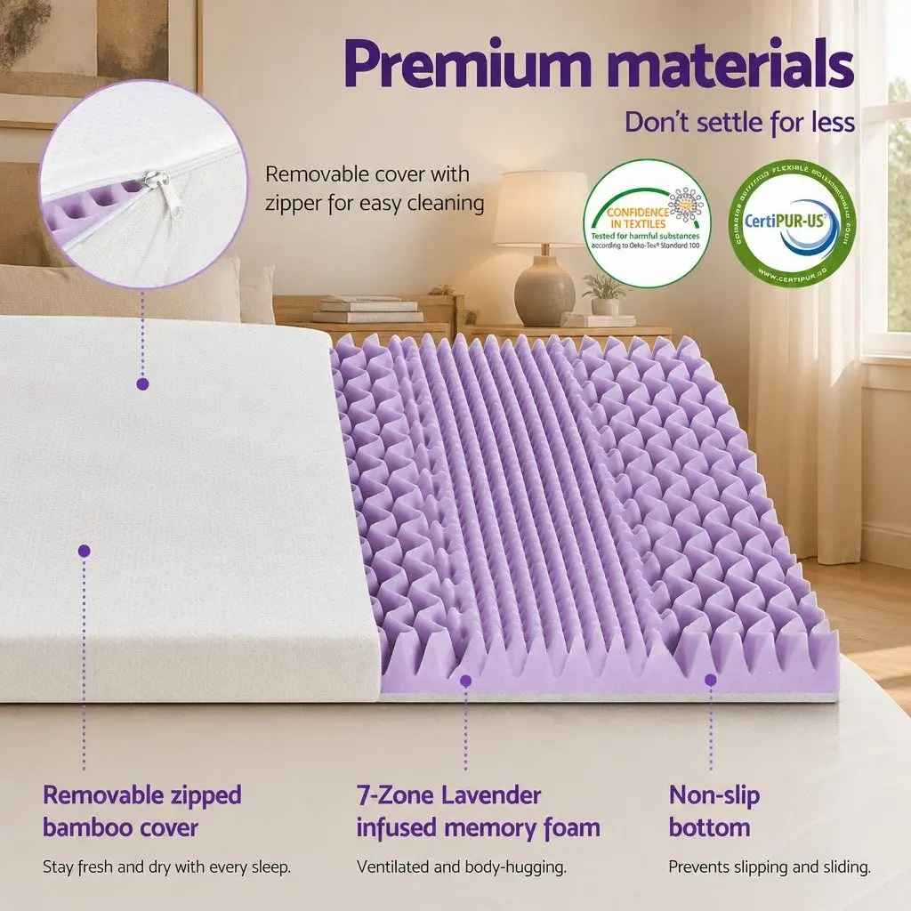 Memory Foam Mattress Topper 8cm Single Lavender Infused 7-Zone Bamboo Cover